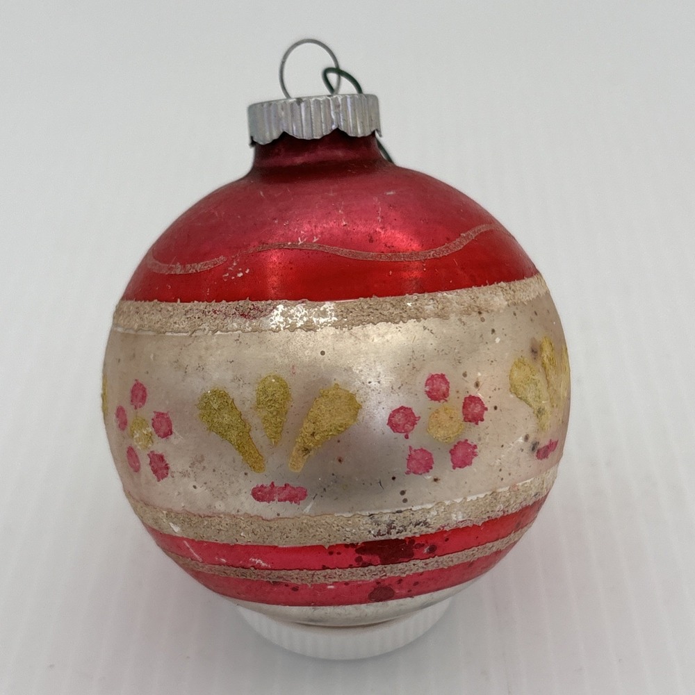 Vintage Shiny Brite 3" Pink Yellow White Mica Glitter Glass Christmas Ornament
